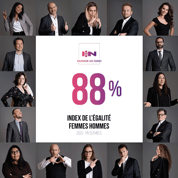  logo d’hn plus texte (88% index de l’égalité femmes hommes 2020 HN Services) plus cadre composé de plusieurs photos d’employés.